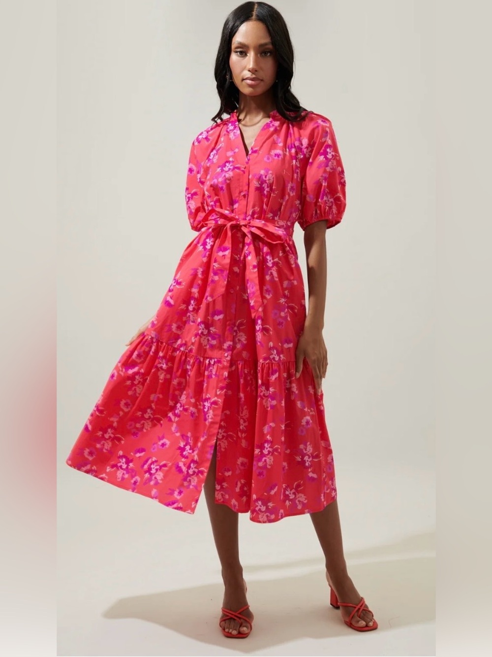 Sugarlips Rhubarb Wynette Tiered Midi Dress Floral Belted Sz 2X (18-20) Pockets